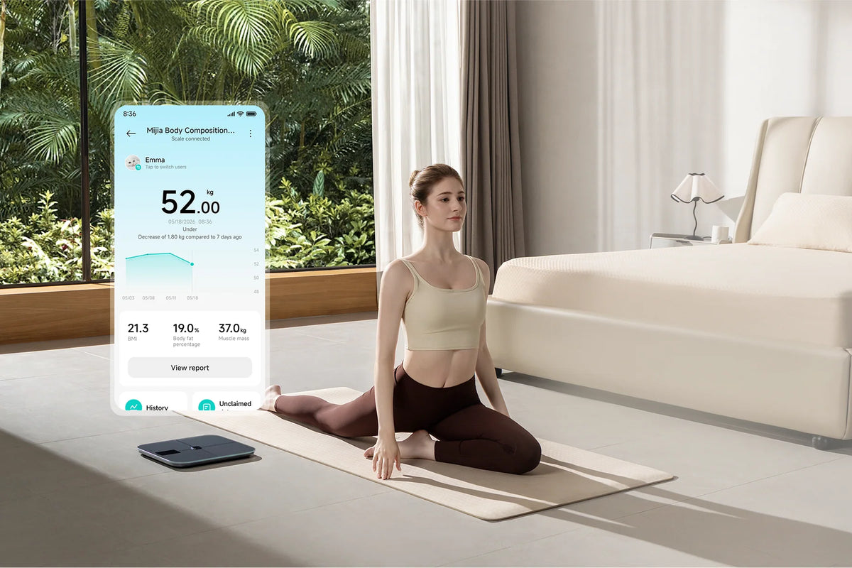 Lichaamswaarden van de Xiaomi Mijia Body Composition Scale S400 Pro in de app, na een meting op de yogamat