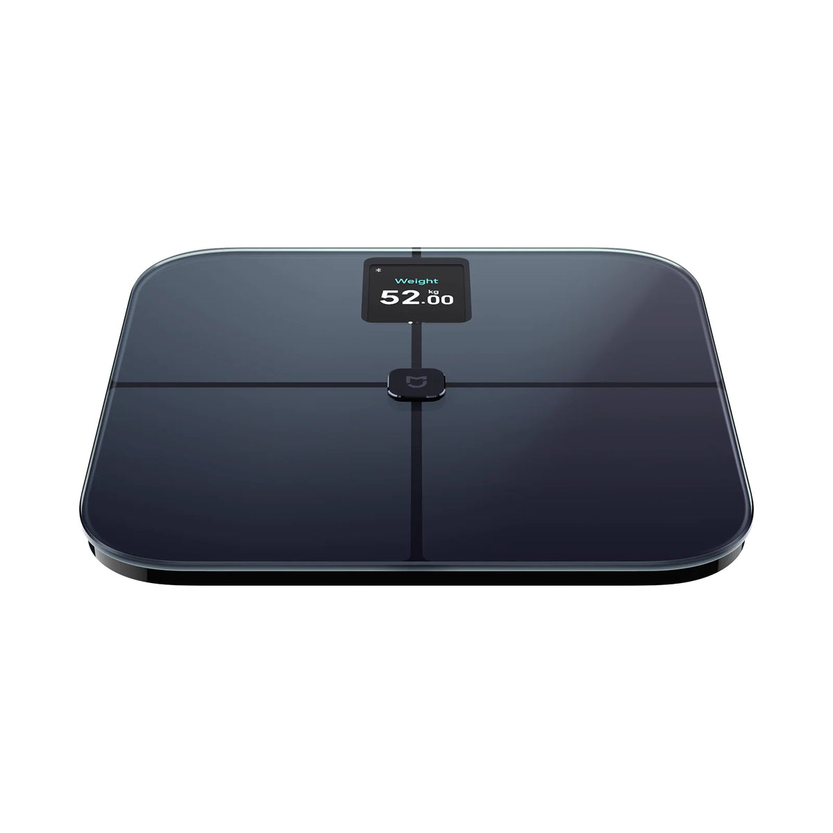 Xiaomi Mijia Body Composition Scale S400 Pro van voren, met het gewicht op het kleurenscherm