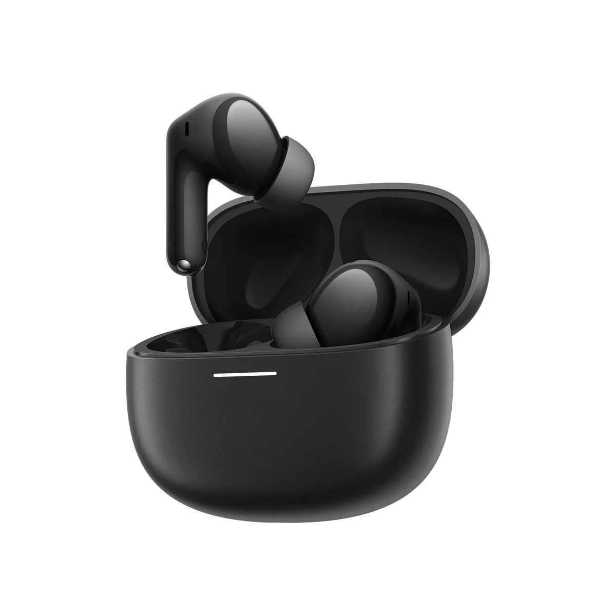 Xiaomi Redmi Buds 8 in zwart, met de oplaadcase open en een dopje erboven