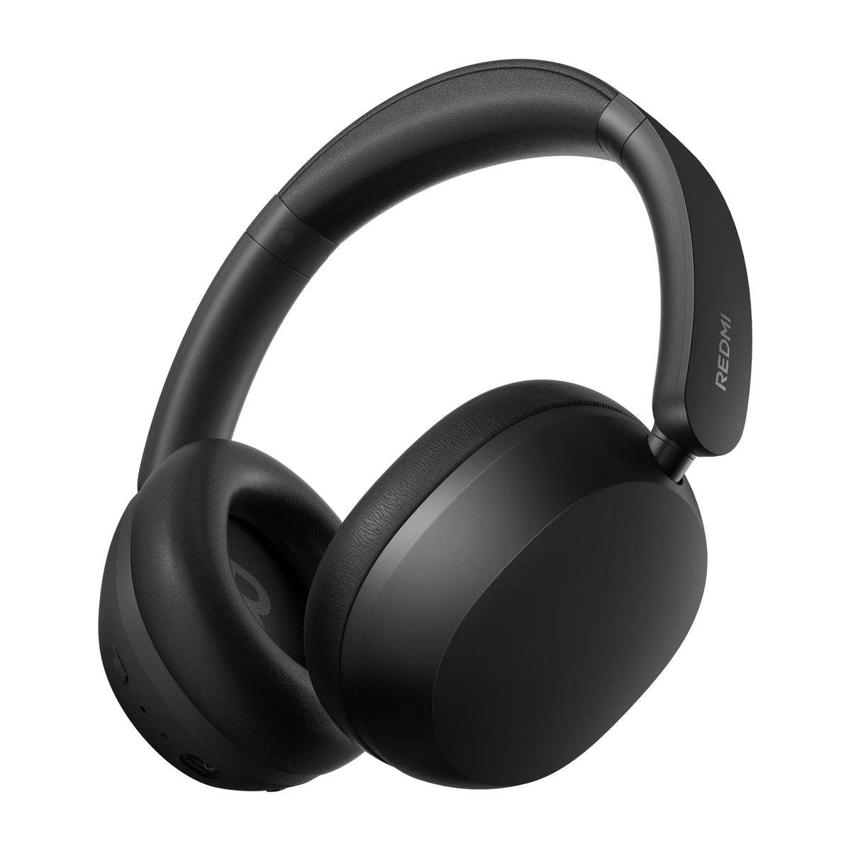 Zwarte Xiaomi Redmi Headphones Neo schuin van links, met de binnenkant van de oorkussens