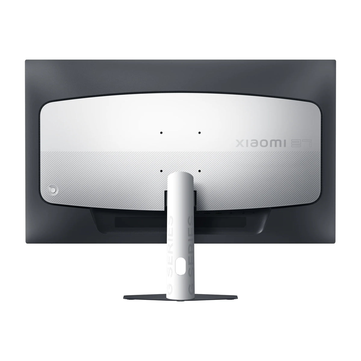 Witte achterkant van de Xiaomi 2K Gaming Monitor G27Qi 2026 met de VESA-gaten en de voet