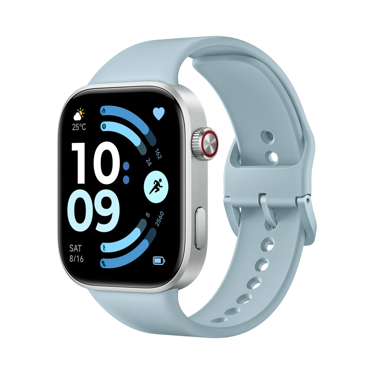 Xiaomi Redmi Watch 6 in het blauw schuin van rechtsvoor op witte achtergrond
