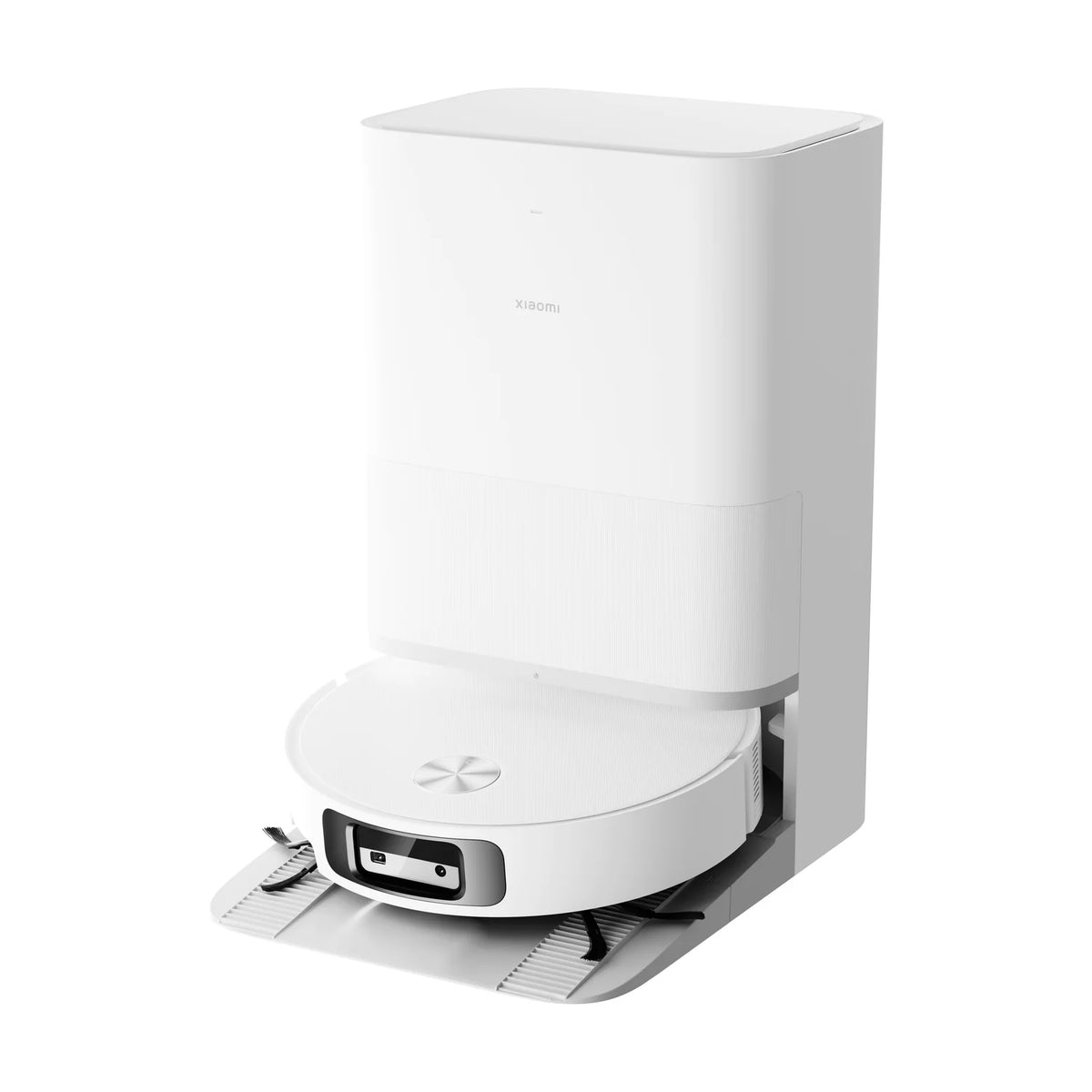 Het station van de Xiaomi Robot Vacuum 6 schuin van rechts, met de robot op de oprijplaat