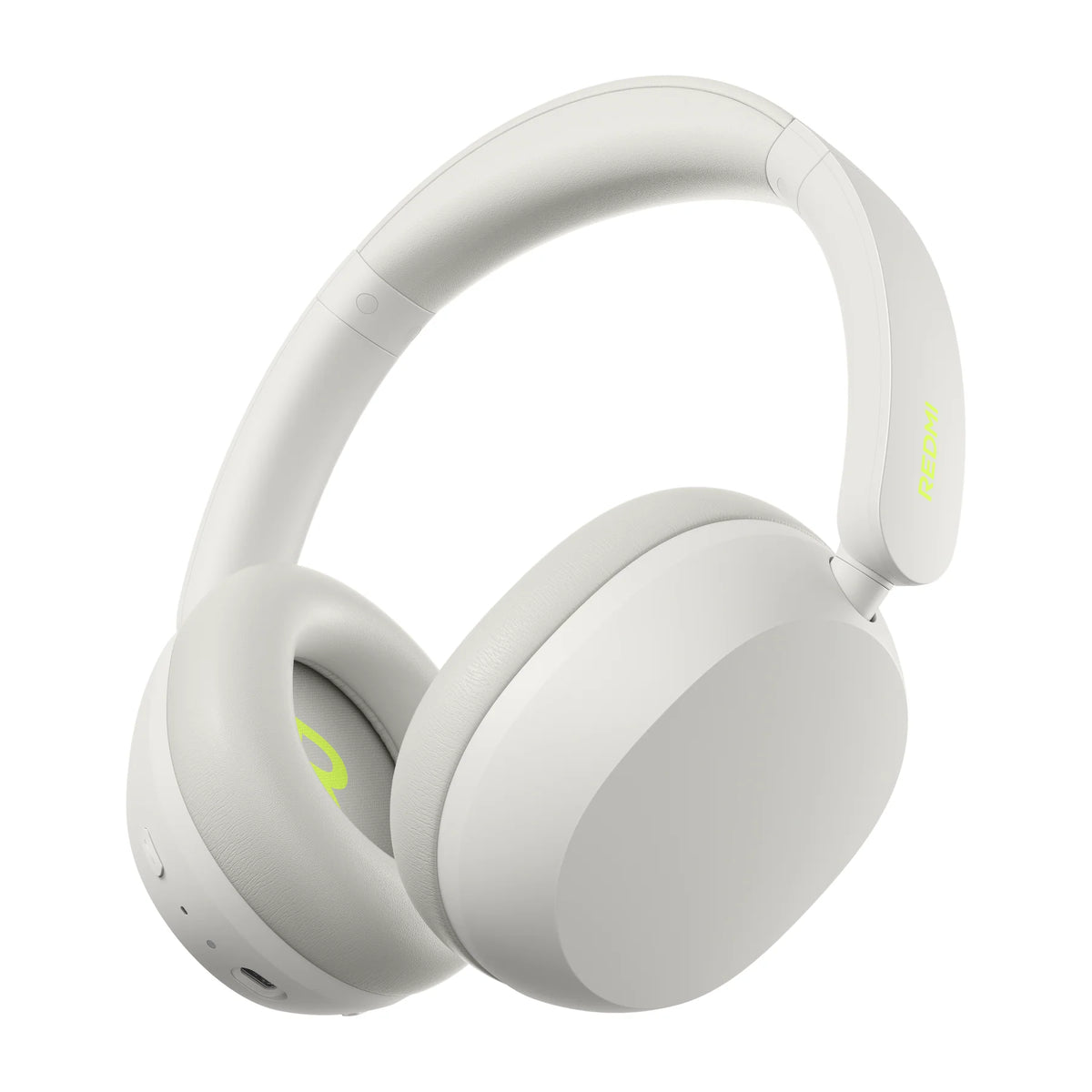 Witte Xiaomi Redmi Headphones Neo schuin van links, met de groene L in het oorkussen