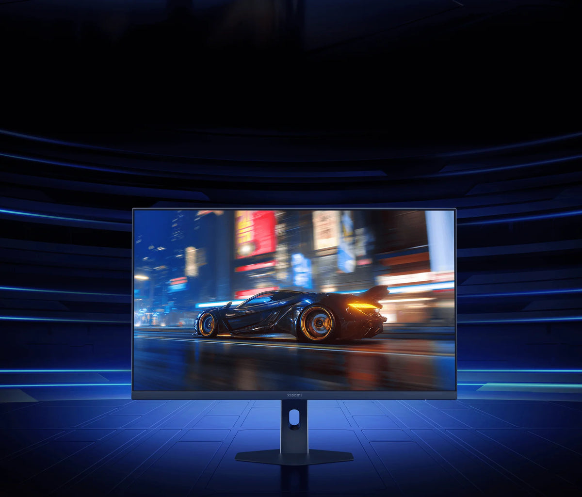 Sportwagen in een racegame op het scherm van de Xiaomi 2K Gaming Monitor G27Qi 2026