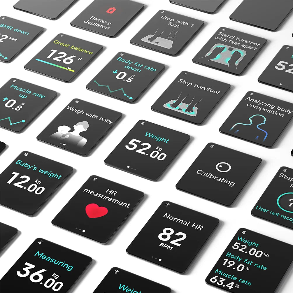 Schermkaarten die de Xiaomi Mijia Body Composition Scale S400 Pro kan tonen, van gewicht tot hartslag