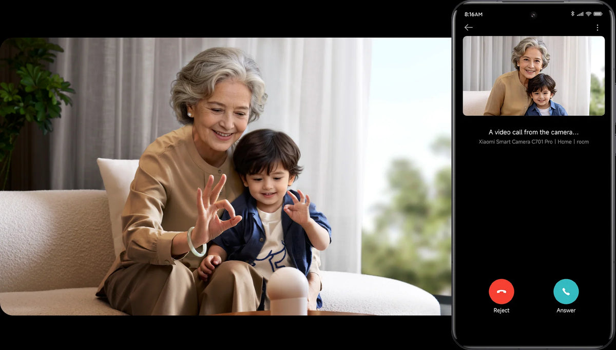 Videogesprek met oma en kleinkind via de Xiaomi Smart Camera C701 Pro en je telefoon