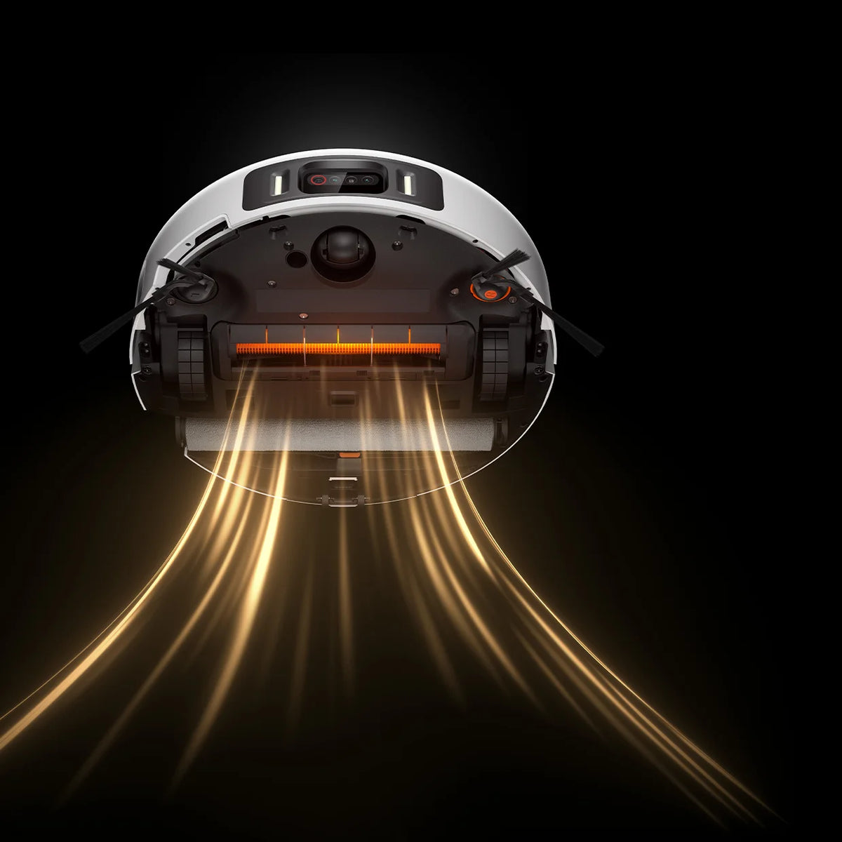 Onderkant van de Xiaomi Robot Vacuum 6 Pro met hoofdborstel en luchtstroom