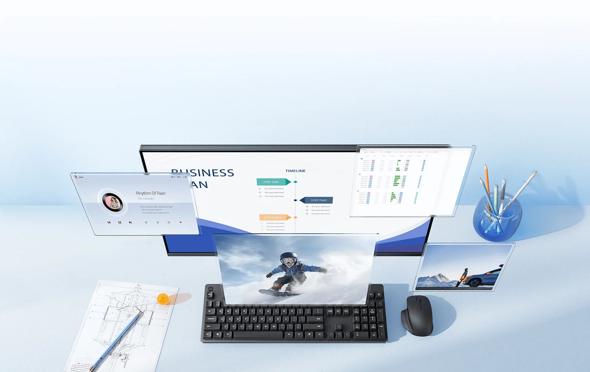 Bureau met de Xiaomi 2K Monitor A27Qi 2026, toetsenbord en muis, met vensters voor het scherm