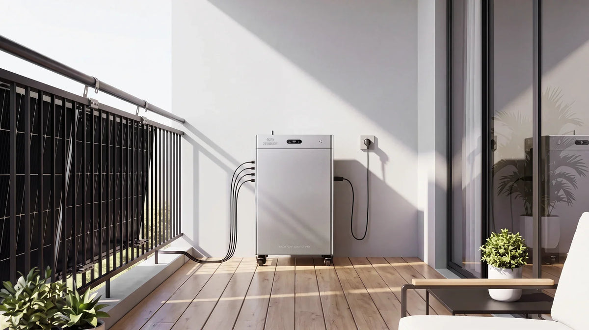 Zendure SolarFlow 3000 Mix AC+ op een balkon met zonnepanelen