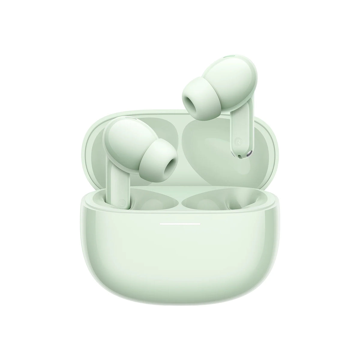 De groene Xiaomi Redmi Buds 8 van voren, met een dopje boven de oplaadcase