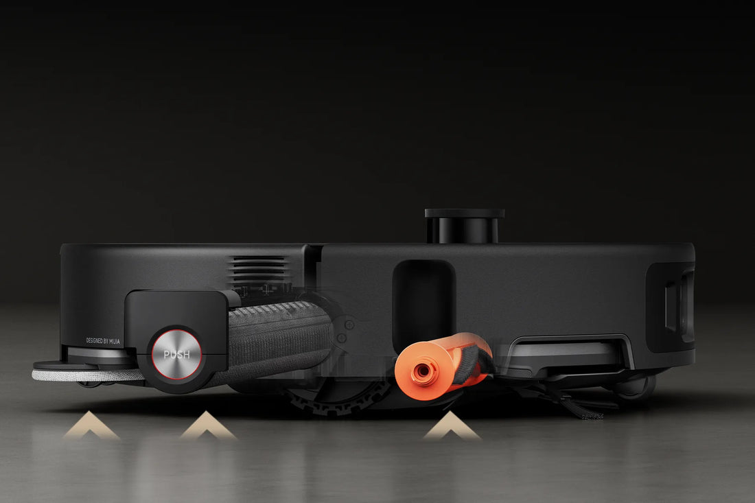 Zijaanzicht met de optilbare rollermop van de Xiaomi Robot Vacuum 6 Max