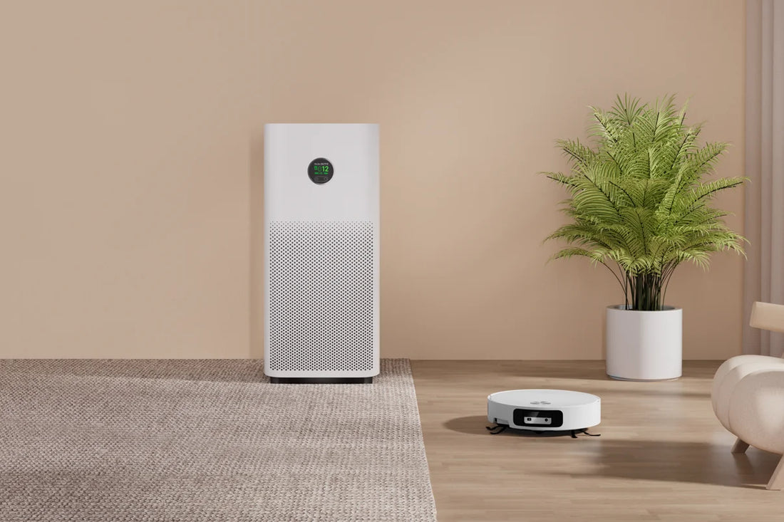 Lichte woonkamer met luchtreiniger en fauteuil waar de Xiaomi Robot Vacuum 6 schoonmaakt